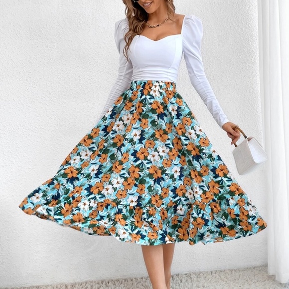 Boho Floral Print Flowy High waist Skirt - Picture 5 of 9